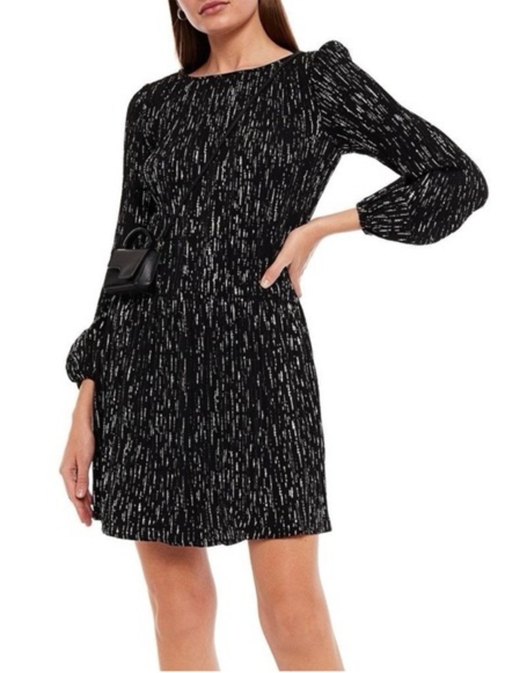 Maje Rocketa Short Pleated Dress in Lurex. Maje Puff Sleeve Metallic Mini Dress.
